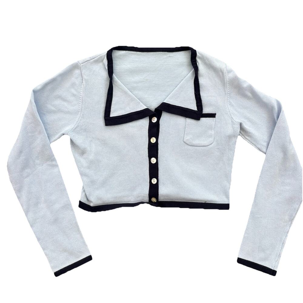 Cute Preppy Light Blue Nautical Long Sleeve Cardigan Sweater Size Small GUC